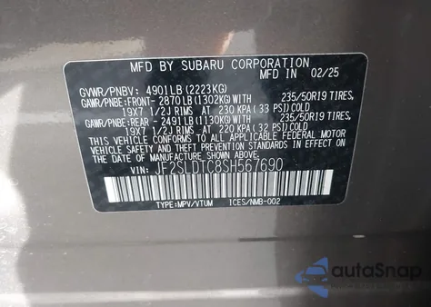 2025 Subaru Forester Touring from USA, damaged, VIN JF2SLDTC8SH567690